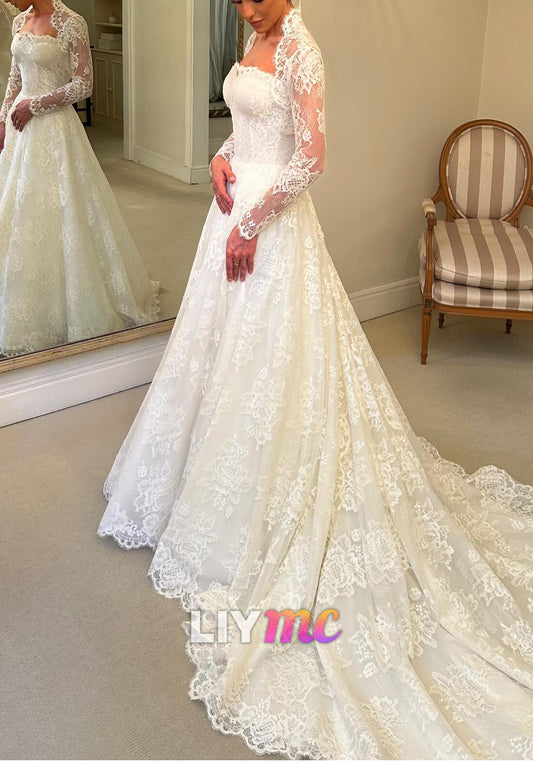 Long Sleeve Lace A-Line Wedding Dress with Cathedral Train