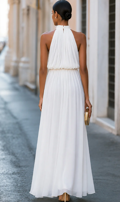 Halter High Neck Pleated Chiffon Maxi Dress