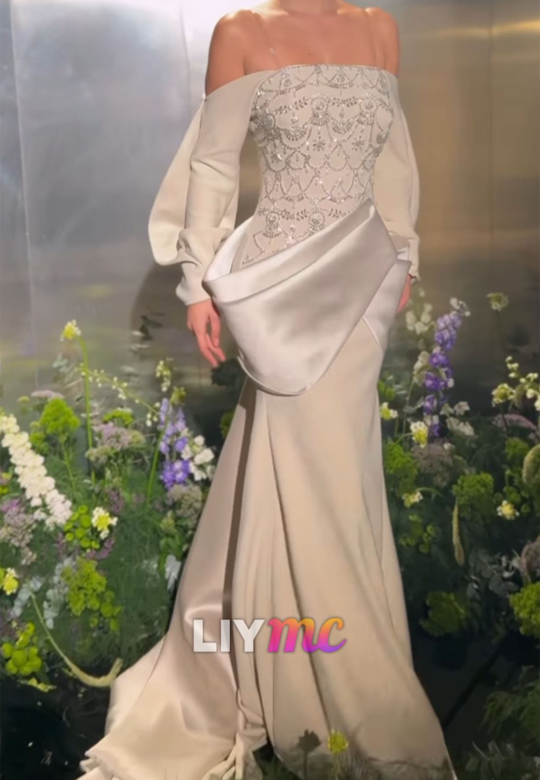 Beaded Bodice Off-Shoulder Gown with Peplum Drape