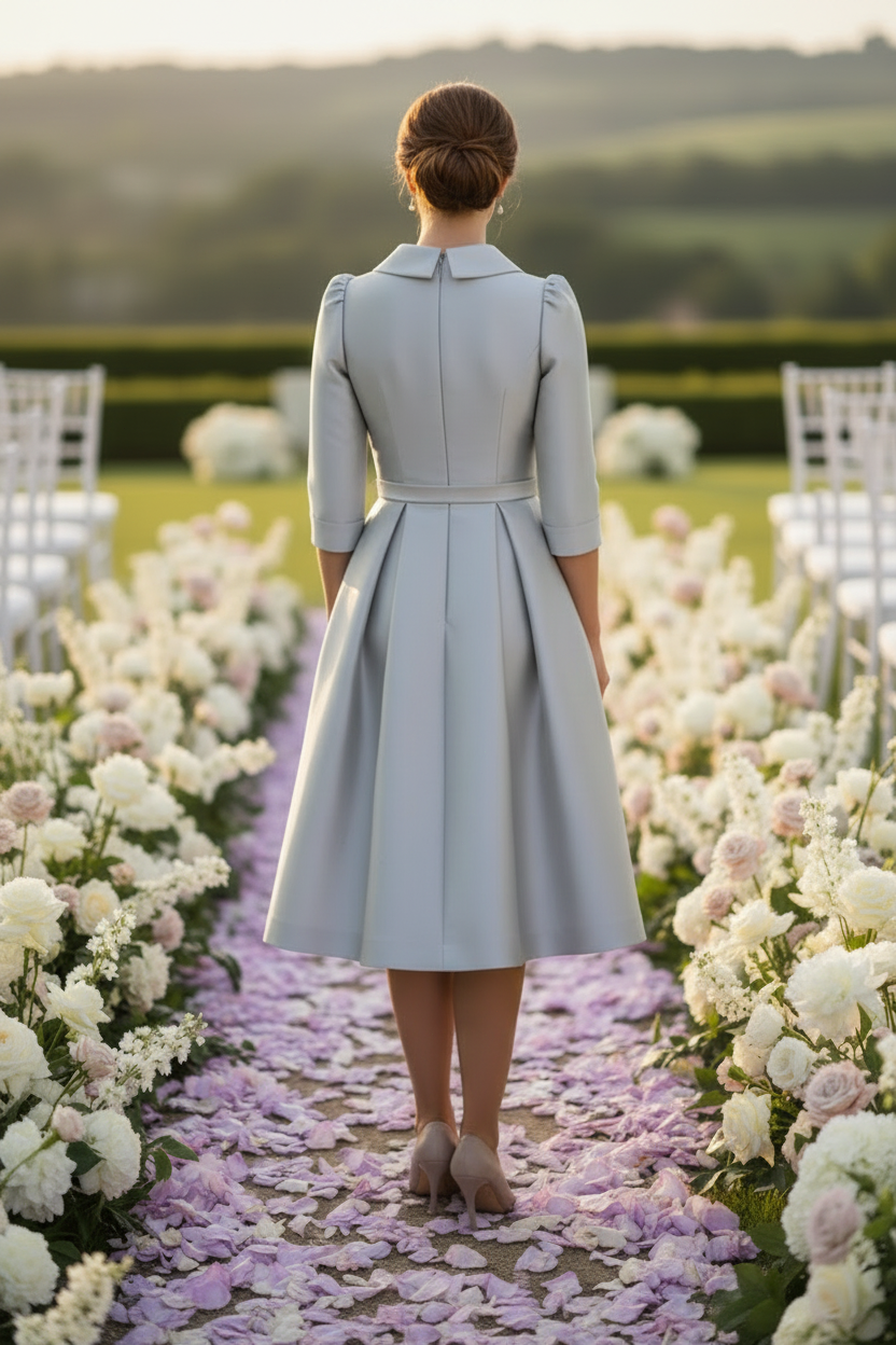 Collared Button-Front A-Line Midi Dress with Bow