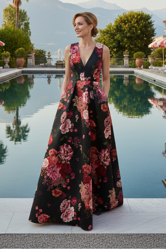 Sleeveless Floral Pleated A-Line Gown