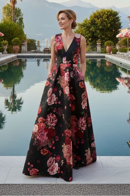 Sleeveless Floral Pleated A-Line Gown