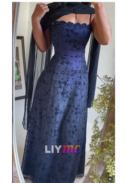 Beaded Floral Scalloped Maxi Evening Dress