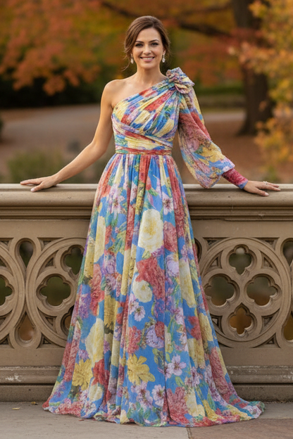 One-Shoulder Floral Maxi Dress with High Slit