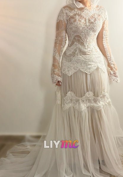Vintage Hooded Lace and Tulle Wedding Dress