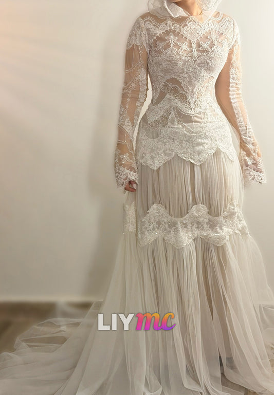 Vintage Hooded Lace and Tulle Wedding Dress