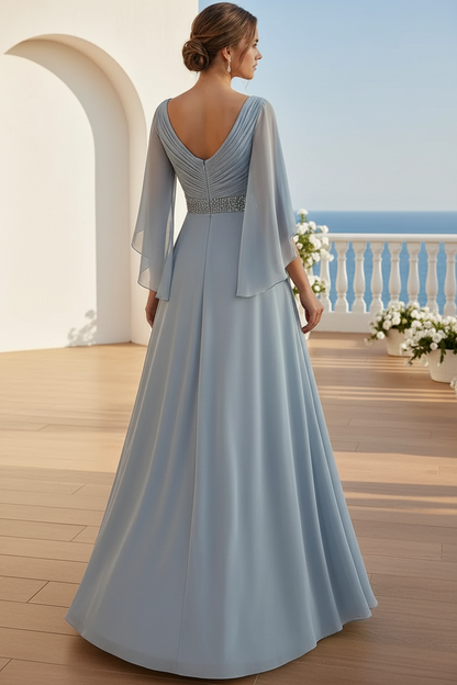 Cape Sleeve Pleated Chiffon A-Line Evening Dress