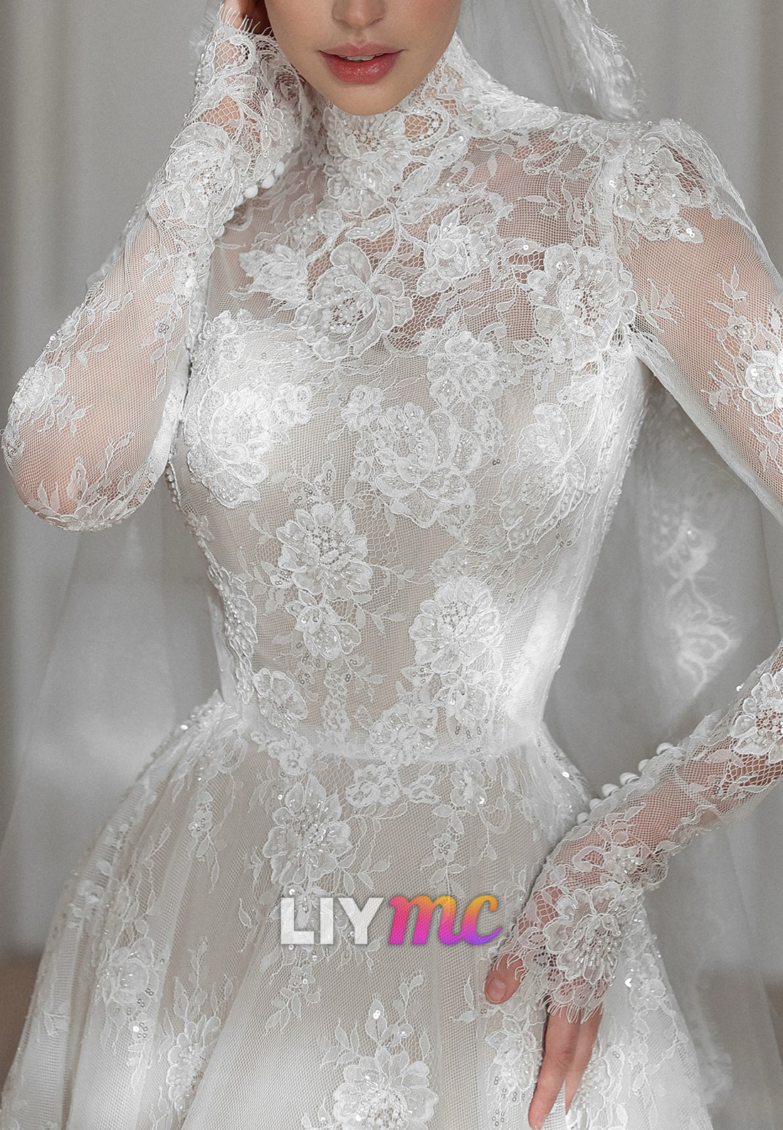 High-Neck A-Line Lace Wedding Dress with Long Sleeves