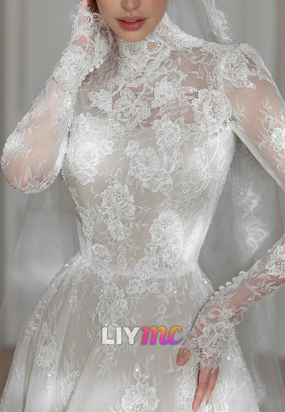 High-Neck A-Line Lace Wedding Dress with Long Sleeves