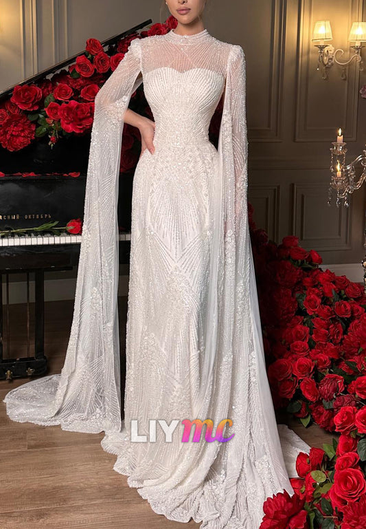 High Neck Beaded Sheath Wedding Dress with Cape Sleeves