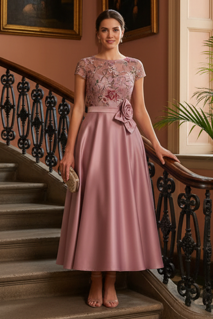 Floral Embroidered Satin Midi A-Line Dress