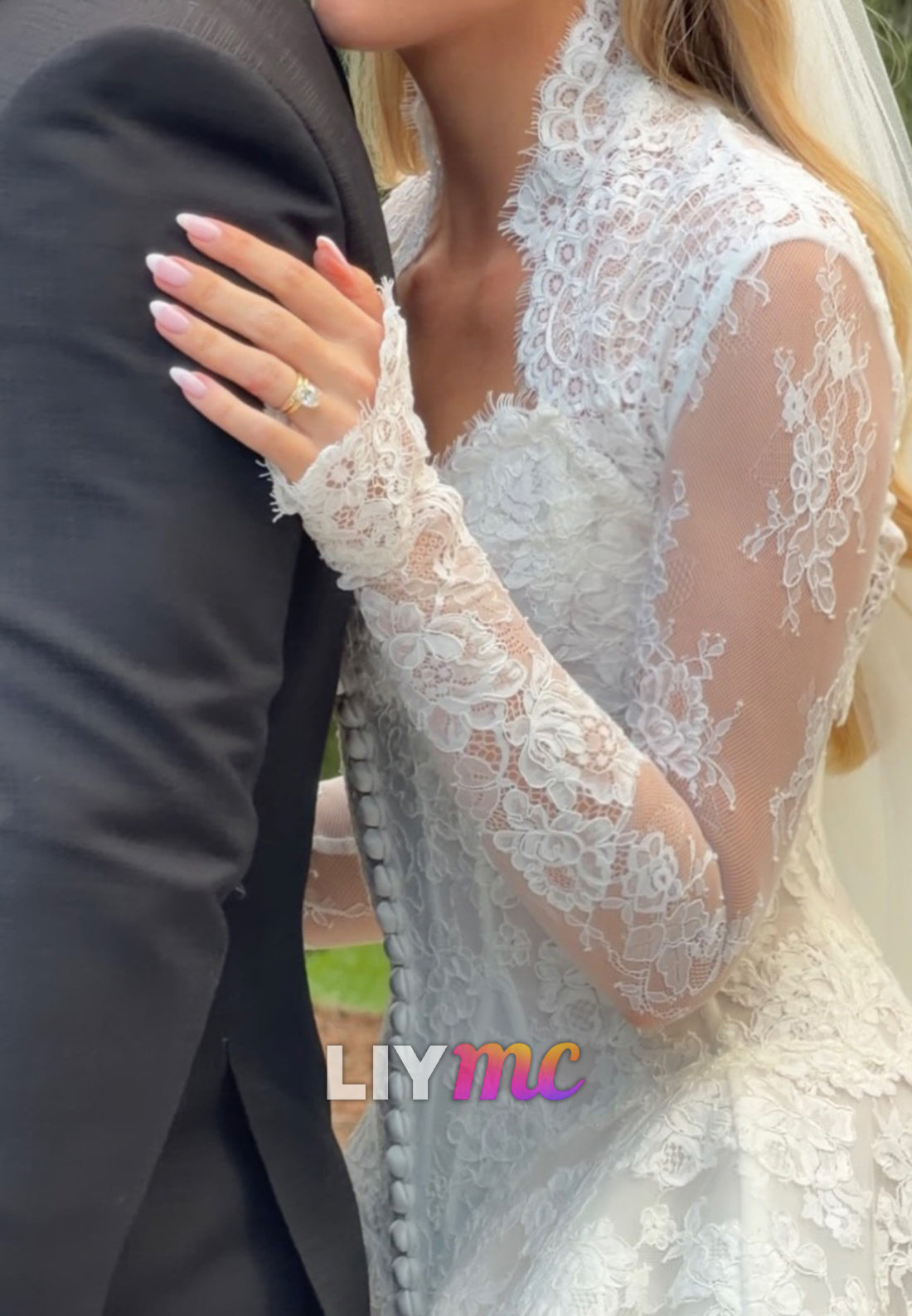Long Sleeve Lace Ball Gown with Corset Back & Train