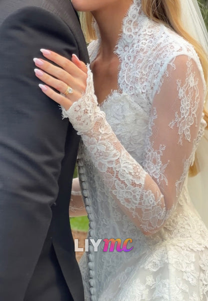 Long Sleeve Lace Ball Gown with Corset Back & Train