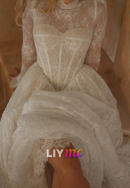 Long Sleeve Lace Corset A-Line Wedding Gown