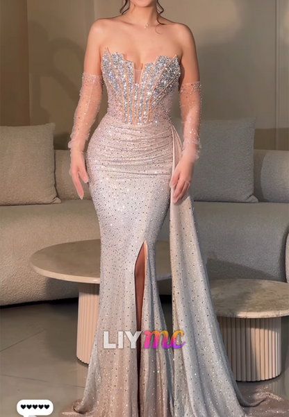 Off-Shoulder Beaded Mermaid Gown with High Slit Train