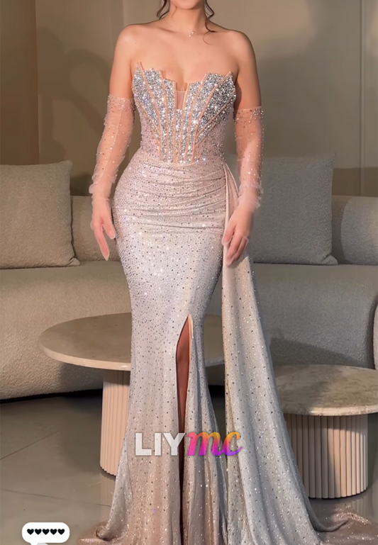 Off-Shoulder Beaded Mermaid Gown with High Slit Train