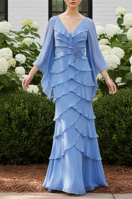 Tiered Chiffon V-Neck Evening Gown with Flutter Sleeves