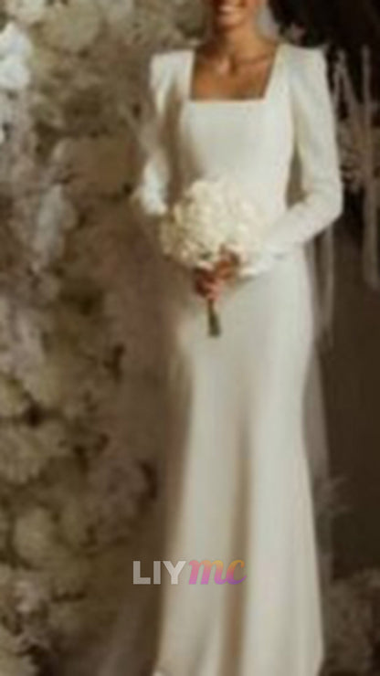 Square Neck Long Sleeve Trumpet Wedding Dress