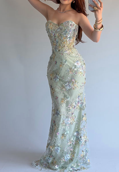 Strapless Floral Embroidered Sequin Mermaid Evening Gown