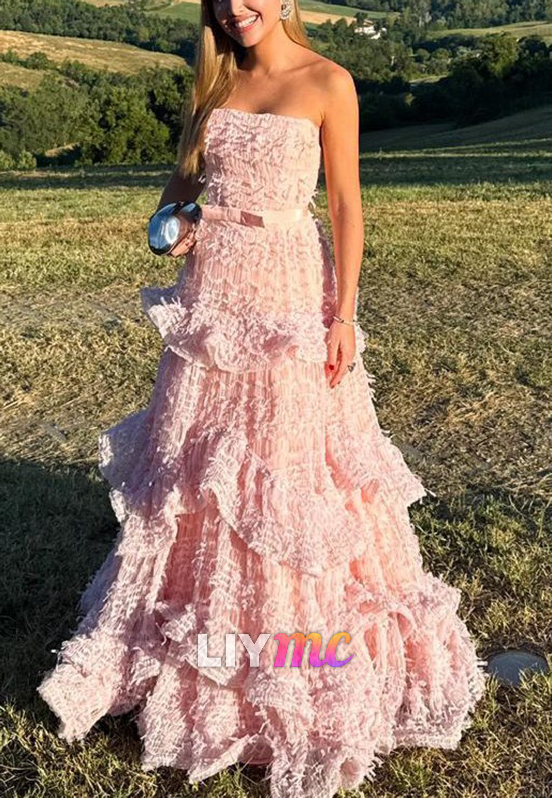 Strapless Tiered Ruffle A-Line Gown