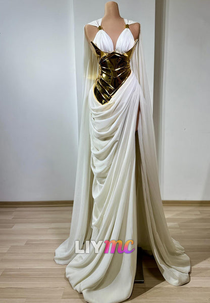 Metallic Corset Cape Gown with High Slit