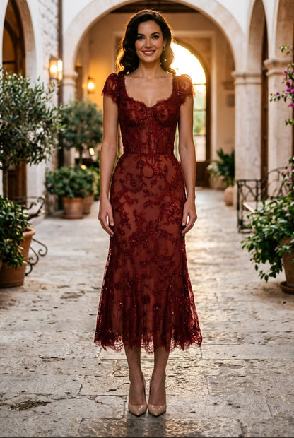 Corset Lace Midi Dress with Cap Sleeves