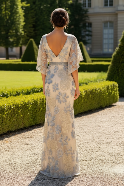 Floral V-Neck Gown with Flutter Sleeves & Beaded Waist