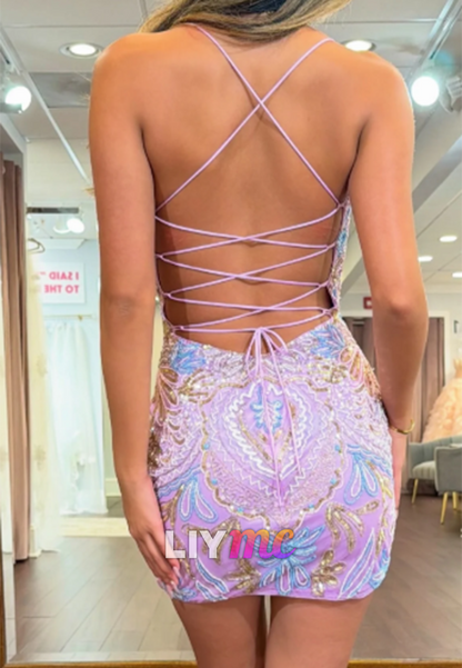 Beaded Lace-Up Back Homecoming Mini Dress