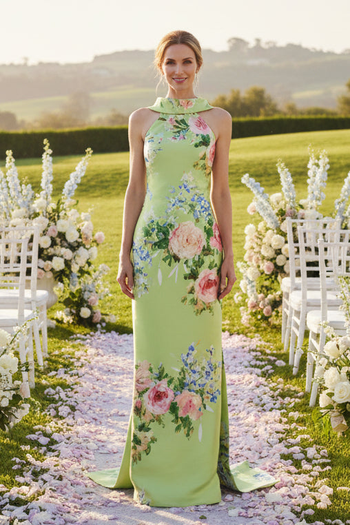 Floral High-Neck Column Gown with Back Bow Train
