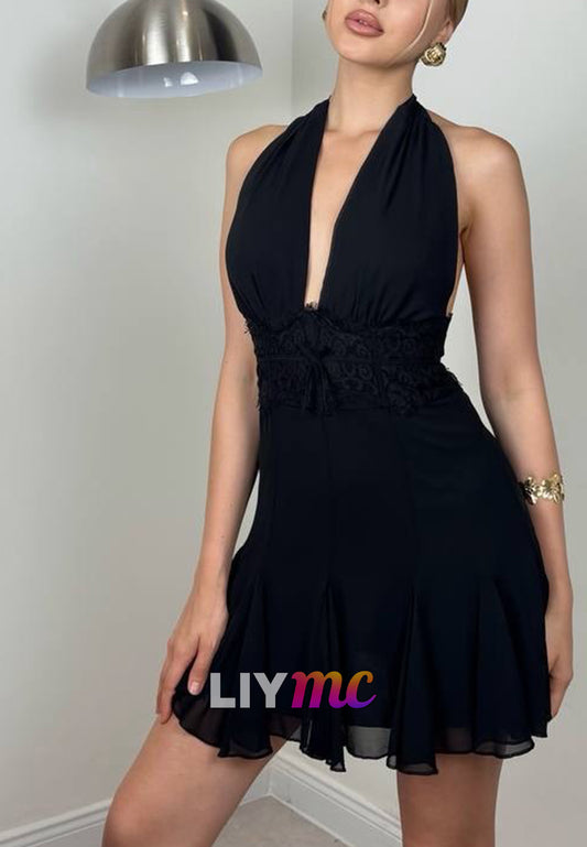Halter Deep V Lace Waist Mini Dress
