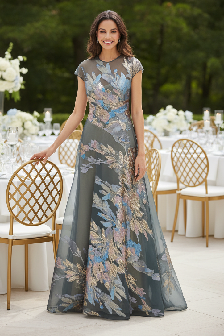 Metallic Floral Organza A-Line Gown