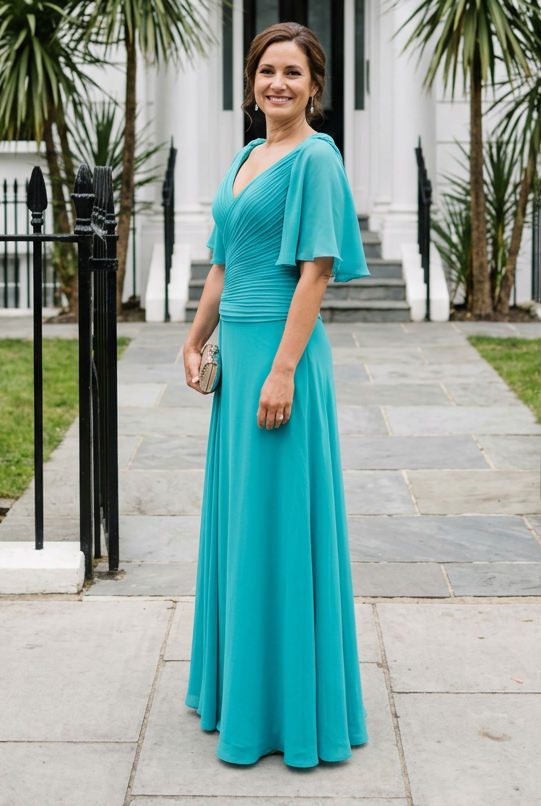 Ruched V-Neck Evening Gown with Flutter Sleeves