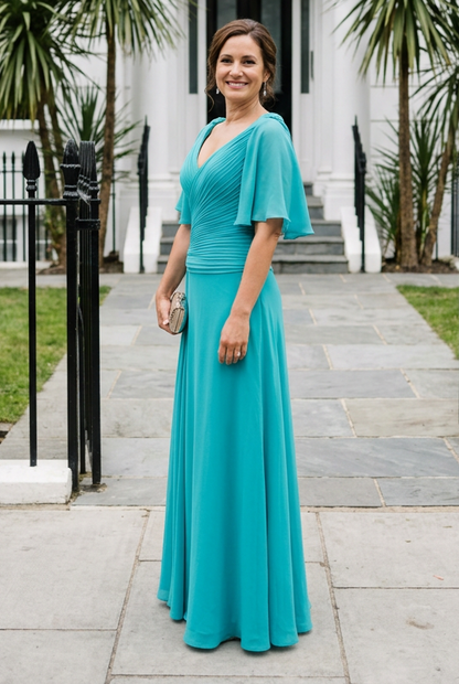 Ruched V-Neck Evening Gown with Flutter Sleeves