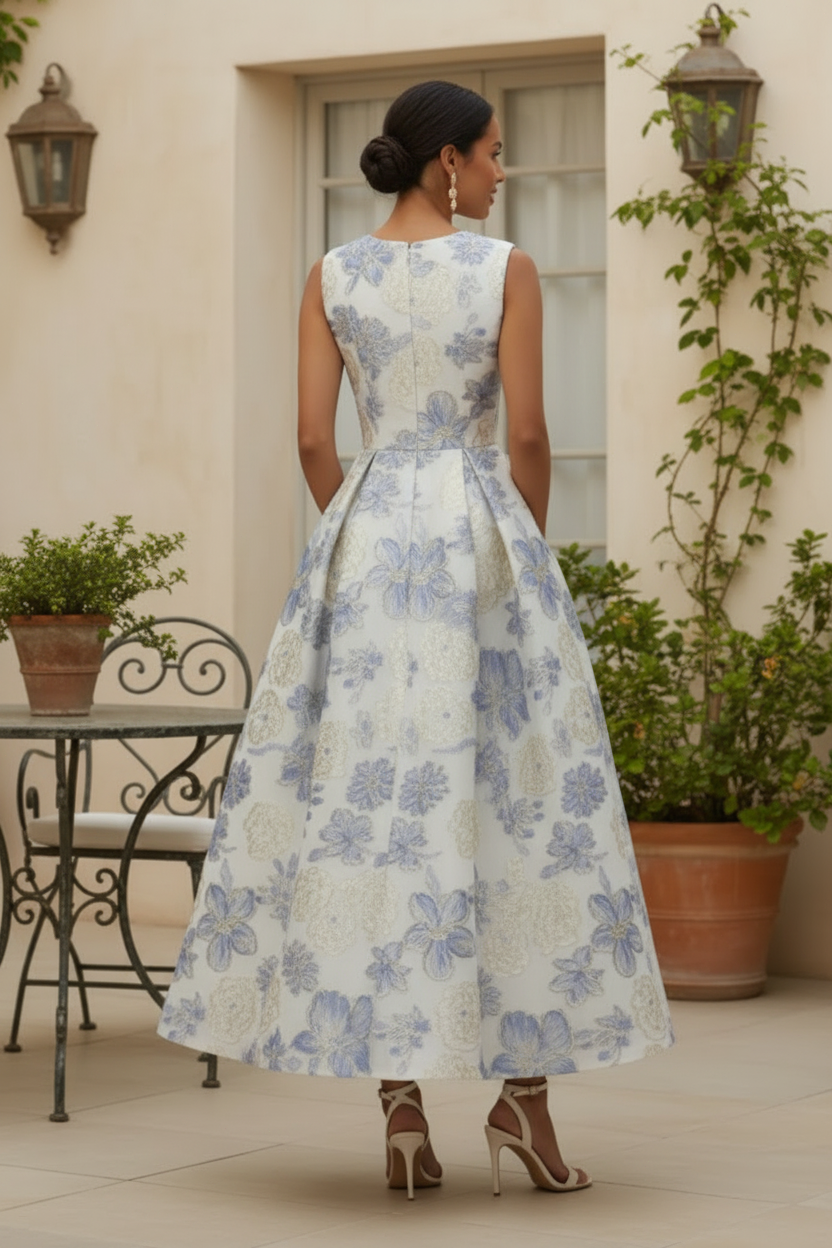 Sleeveless Floral Jacquard Midi A-Line Dress