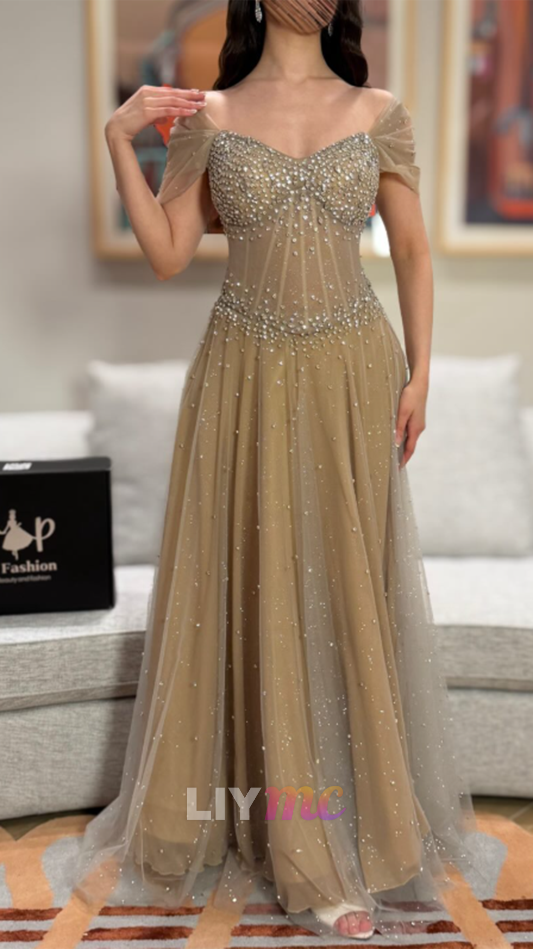 Beaded Corset Evening Gown with Tulle Overlay