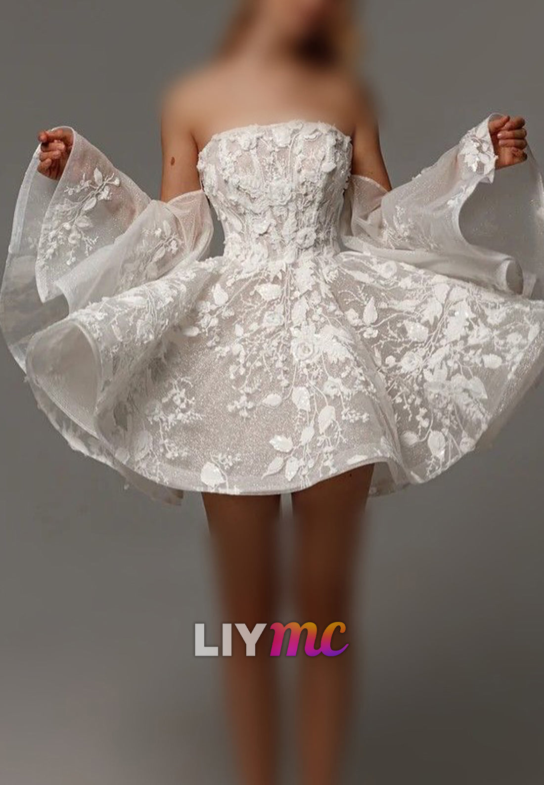 Strapless Floral Lace Mini Dress with Sheer Sleeve Drapes