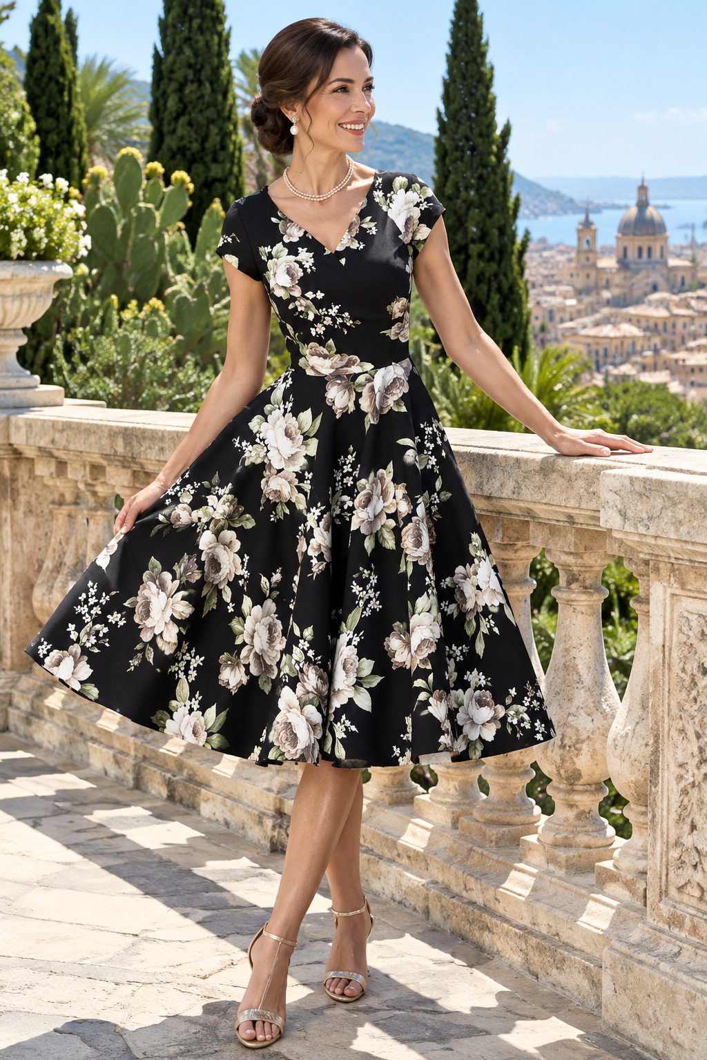 Floral Print V-Neck Fit and Flare Midi Dress
