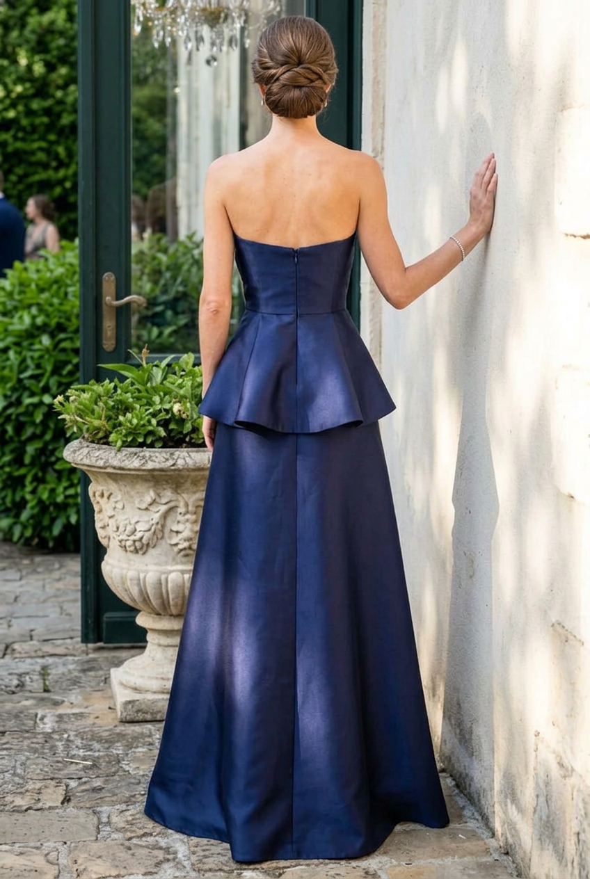 Strapless Peplum Satin Floor-Length Gown