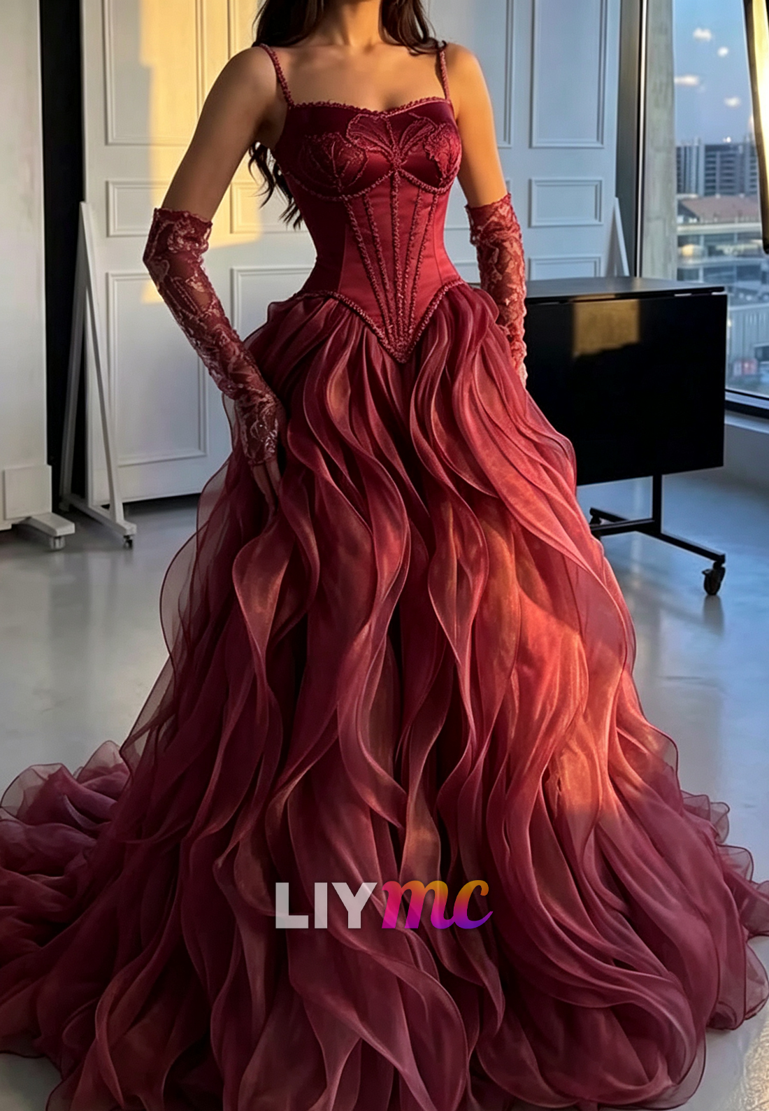 Corset Ball Gown with Cascading Ruffle Skirt