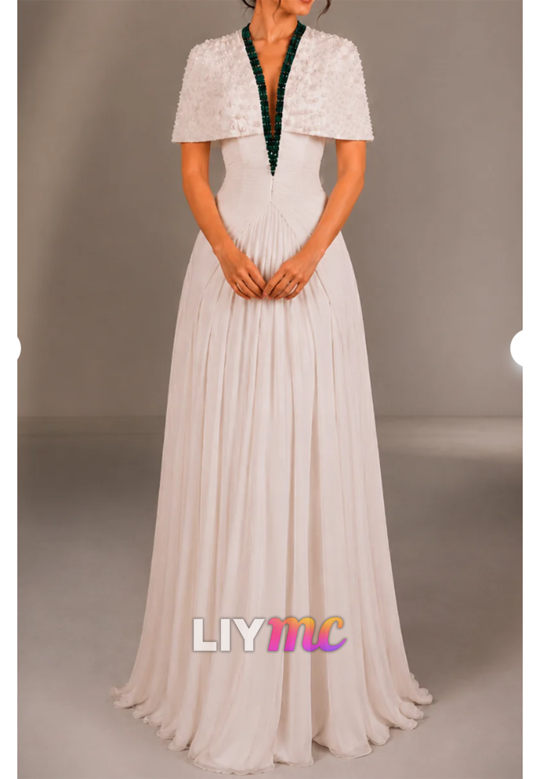 Beaded Cape Sleeve A-Line Evening Gown