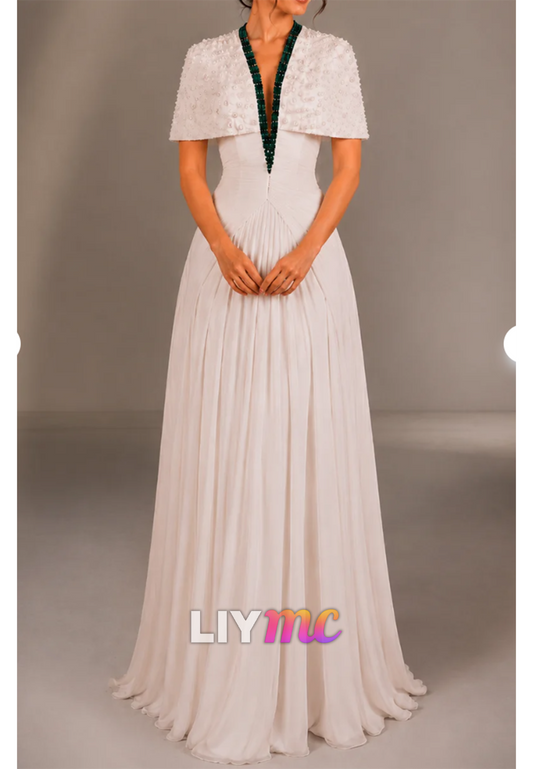 Beaded Cape Sleeve A-Line Evening Gown