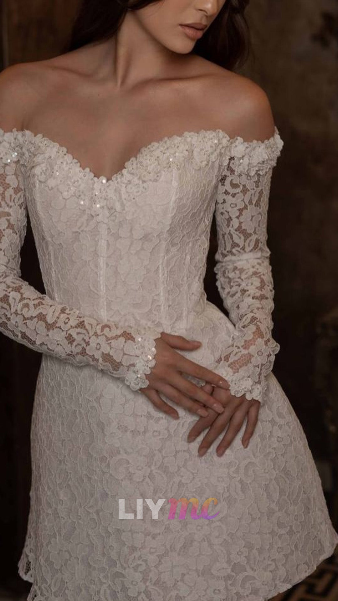 Off-the-Shoulder Lace Mini Dress with Long Sleeves