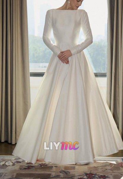 Minimalist Long Sleeve Open Back Satin Wedding Dress