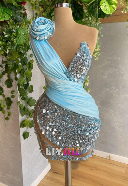 One-Shoulder Sequin Mini Dress with 3D Flower