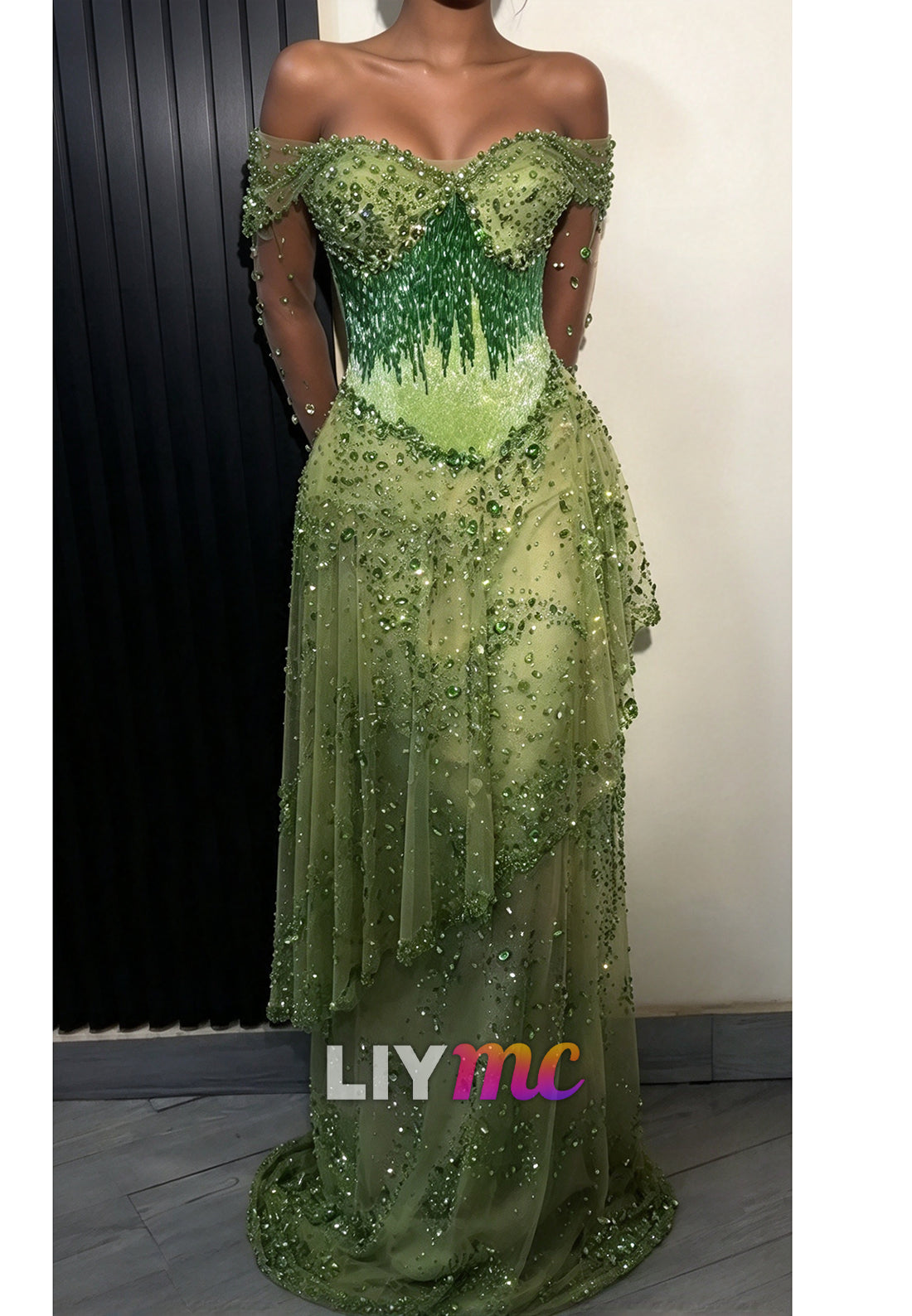 Beaded Off-the-Shoulder Evening Gown