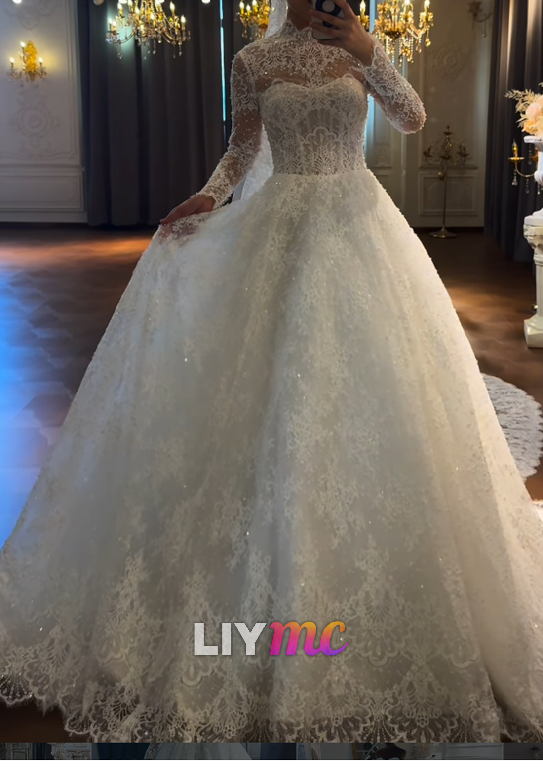 Long Sleeve Illusion Lace Ball Gown Wedding Dress