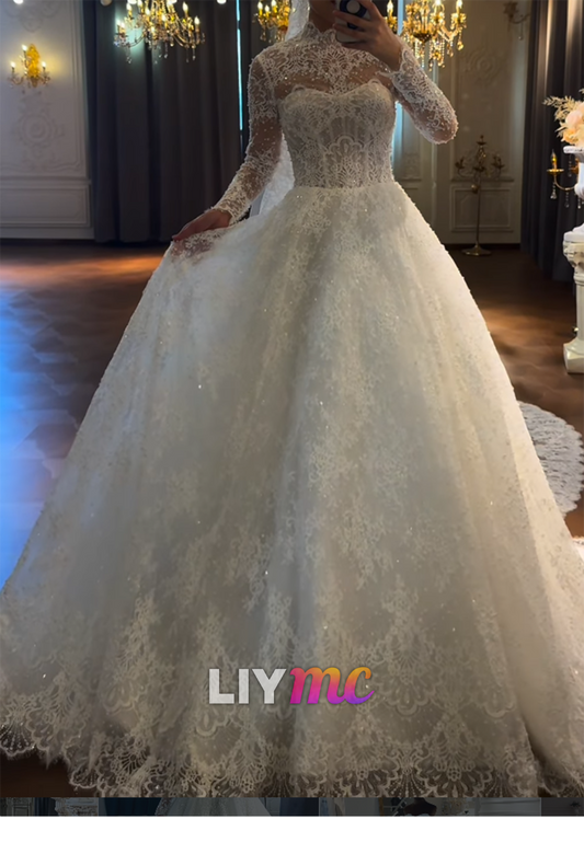 Long Sleeve Illusion Lace Ball Gown Wedding Dress
