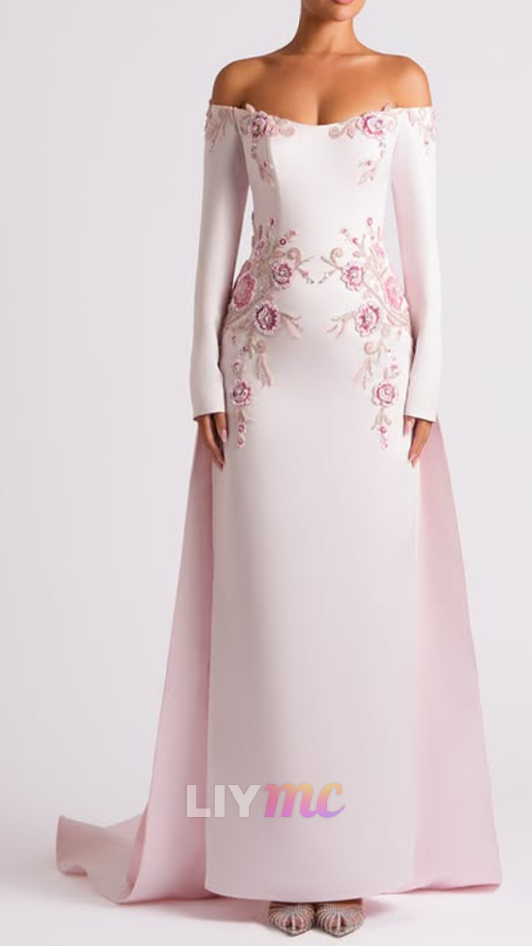 Floral Embroidered Off-Shoulder Gown with Train