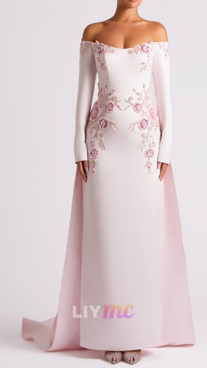 Floral Embroidered Off-Shoulder Gown with Train