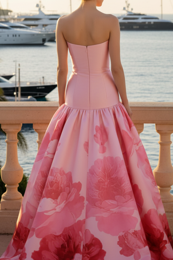 Strapless Floral Print Ball Gown with Dropped Waist